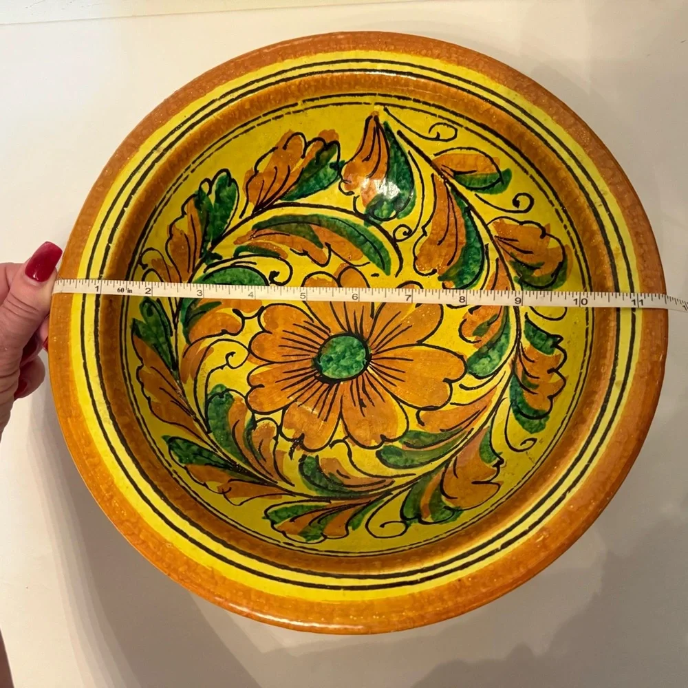 Hand-Painted vintage Italy Floral Ceramic Bowl large yellow orange green pottery